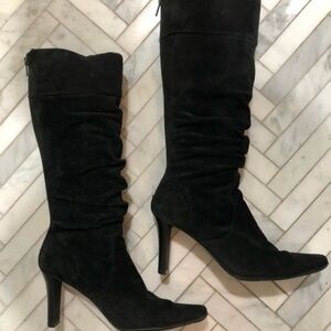 Tall Black Genuine Suede Ruched Boots